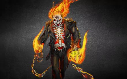 A dynamic comic-style painting of Ghost Rider, featuring a flaming skeleton in leather with chains, set against a dark background, creating a striking HD desktop wallpaper.