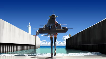 HD PC desktop wallpaper featuring Haruna from Kantai Collection anime, standing on a pier with a clear blue sky and ocean in the background.