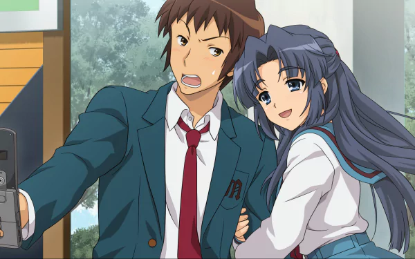 HD anime desktop wallpaper featuring Ryōko Asakura and Kyon from The Melancholy of Haruhi Suzumiya in a lively indoor scene.
