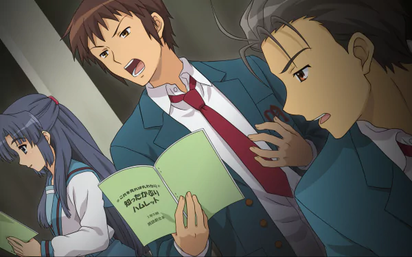 HD desktop wallpaper featuring Taniguchi, Ryōko Asakura, and Kyon from The Melancholy of Haruhi Suzumiya anime, captured in a dynamic classroom scene.
