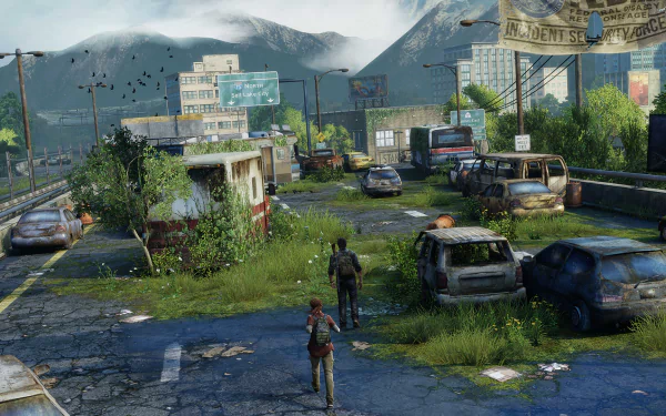 A lush, overgrown highway scene from The Last of Us features Ellie and Joel navigating a post-apocalyptic world, surrounded by abandoned vehicles and urban decay.