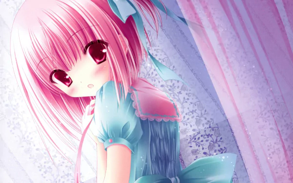 Cute original anime girl with pink hair and big eyes in a frilly teal dress against pastel curtains — 4K Ultra HD PC wallpaper/background.
