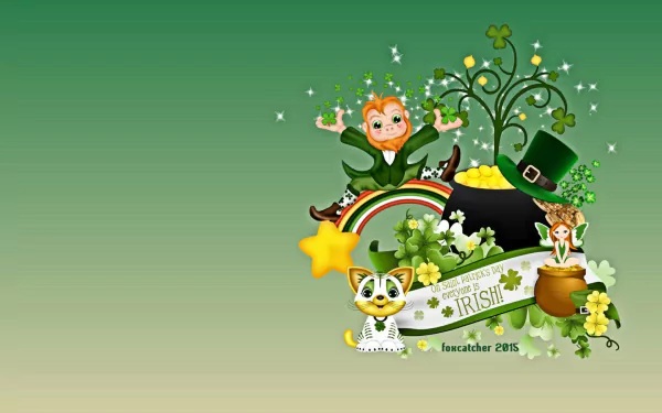 HD desktop wallpaper featuring a cheerful leprechaun with a pot of gold, rainbow, shamrocks, and St. Patrick's Day symbols on a green gradient background.