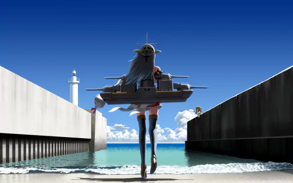HD PC desktop wallpaper featuring Haruna from Kantai Collection anime, standing on a pier with a clear blue sky and ocean in the background.