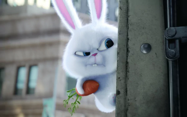 A fluffy white rabbit peeks from behind a door, clutching a carrot, set against a city backdrop. This scene is from the movie The Secret Life of Pets, featured as an HD desktop wallpaper.