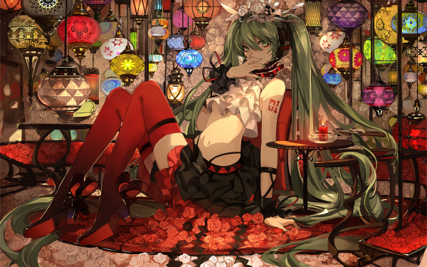 Anime Vocaloid Hatsune Miku Lantern Long Hair Green Hair Green Eyes Headband Skirt HD Wallpaper | Background Image