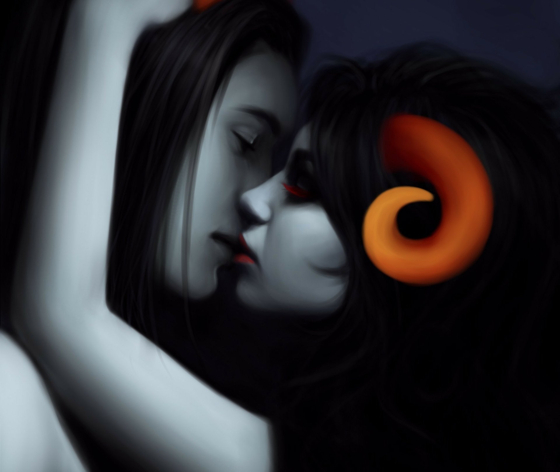 A close-up of a couple kissing, featuring a demon with striking horns in a fantasy setting. This HD image beautifully captures love and intimacy.