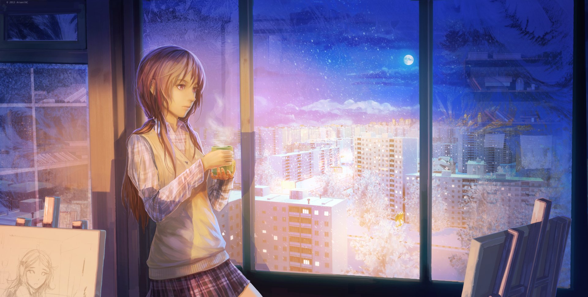A serene anime scene features a young girl holding a drink, gazing out at a cityscape illuminated by a night sky, making this HD wallpaper a captivating background for any desktop.