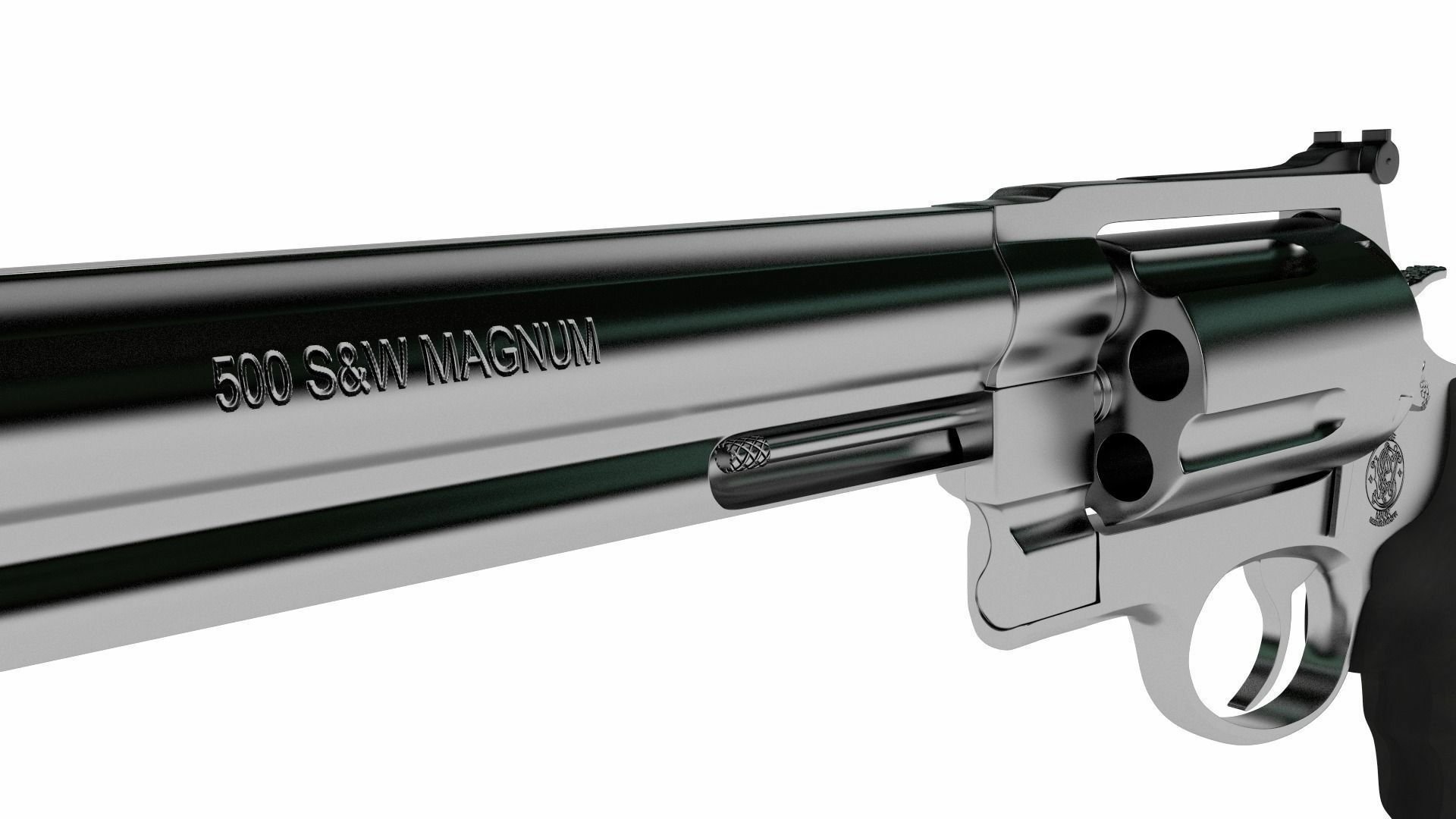 Close-up HD desktop wallpaper of a Smith & Wesson Model 500 revolver barrel showcasing the 500 S&W Magnum engraving on a reflective metal surface.