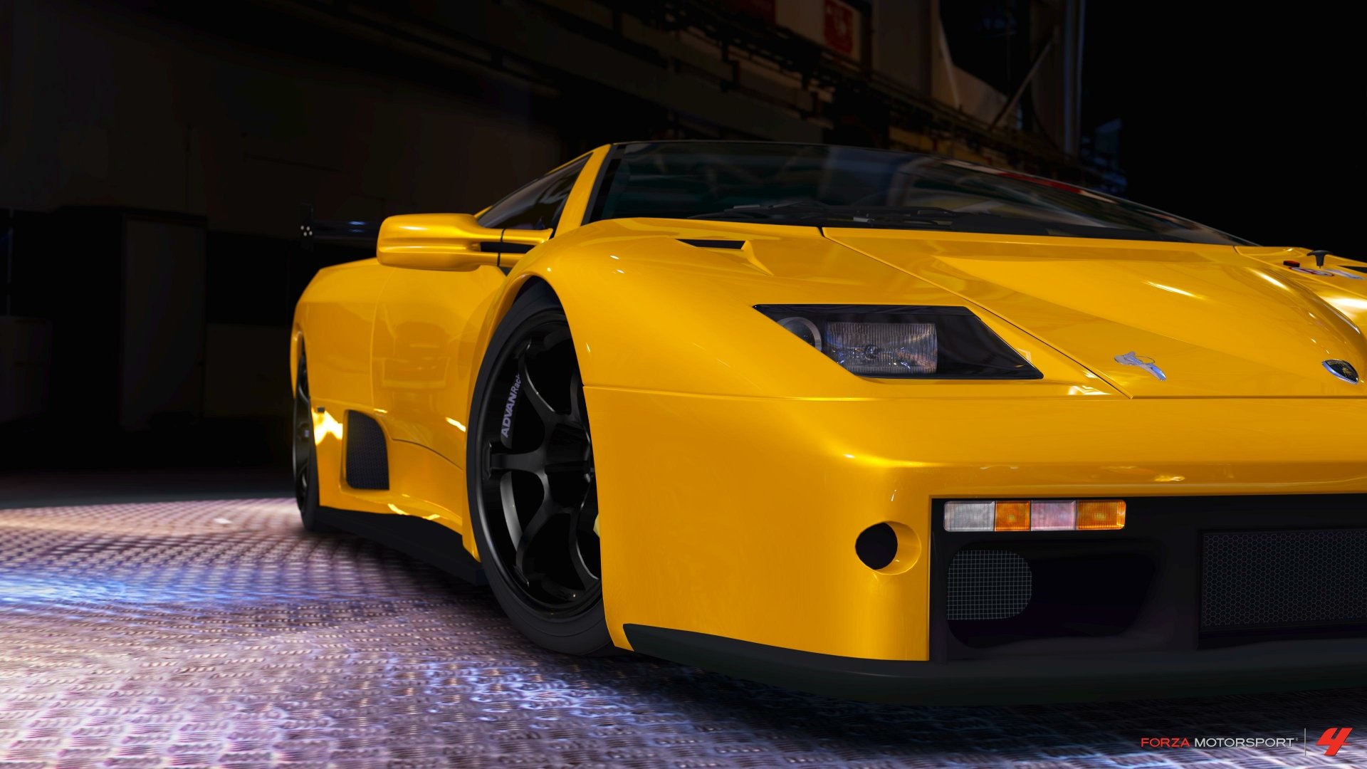 Yellow Lamborghini Diablo showcased in 4K Ultra HD, featured as a detailed PC desktop wallpaper from the Forza Motorsport 4 video game.