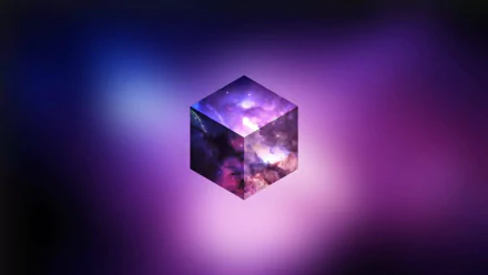 Abstract cube floating in a purple cosmic sky, featuring stars and a gradient background. A stunning HD desktop wallpaper for a space-themed aesthetic.