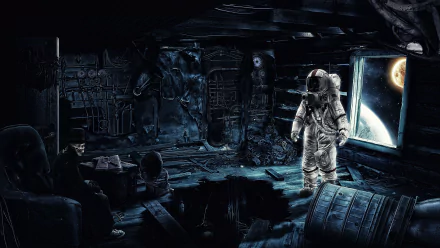 An astronaut in a space suit stands in a dark, cluttered room with a skeleton and other eerie elements. The background features a view of planets, creating a sci-fi atmosphere. HD desktop wallpaper.
