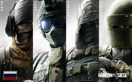 HD desktop wallpaper from Tom Clancy's Rainbow Six: Siege featuring Spetsnaz operators Glaz, Fuze, Kapkan, and Tachanka in tactical gear.