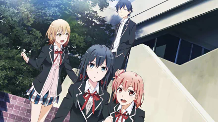 HD wallpaper featuring anime characters Iroha Isshiki, Yui Yuigahama, Hachiman Hikigaya, and Yukino Yukinoshita from My Teen Romantic Comedy SNAFU, standing outside a building in school uniforms.