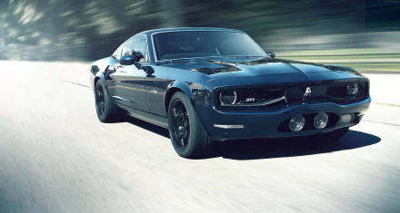 Equus Bass 770 dark muscle vehicle speeding on a sunlit road with motion blur — 5K Ultra HD PC desktop wallpaper and background.