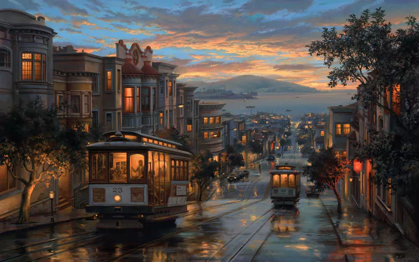 A panoramic night scene of a San Francisco street, beautifully rendered in an artistic painting style. The HD desktop wallpaper showcases cable cars on a wet street under a colorful sky.