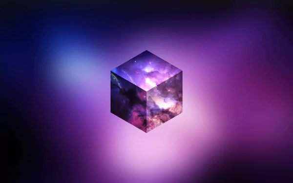 Abstract cube floating in a purple cosmic sky, featuring stars and a gradient background. A stunning HD desktop wallpaper for a space-themed aesthetic.