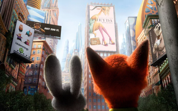 Nick Wilde and Judy Hopps gaze up at colorful billboards in a bustling city scene from the movie Zootopia, showcasing the vibrant and lively atmosphere of their animated world.