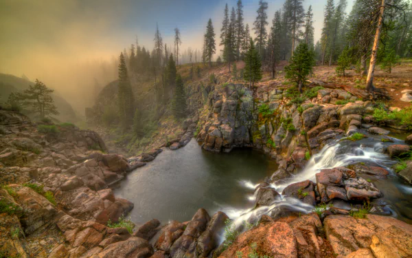 nature fog tree stone California webber falls waterfall HD Desktop Wallpaper | Background Image