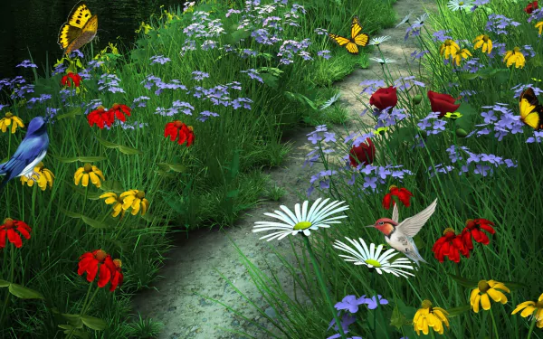 A vibrant summer scene featuring colorful butterflies and a range of flowers along a grassy path, accented by a bluebird and a hummingbird, creating an artistic and lively atmosphere.