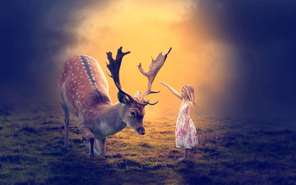 Fantasy Child Deer Little Girl Blonde HD Wallpaper | Background Image
