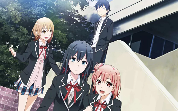 HD wallpaper featuring anime characters Iroha Isshiki, Yui Yuigahama, Hachiman Hikigaya, and Yukino Yukinoshita from My Teen Romantic Comedy SNAFU, standing outside a building in school uniforms.