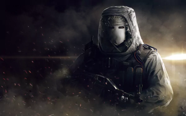 8K Ultra HD desktop wallpaper featuring a masked operator from the video game Tom Clancy's Rainbow Six: Siege in tactical gear amidst smoky darkness.