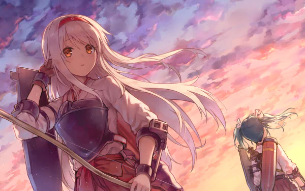 A vibrant HD wallpaper featuring Zuikaku and Shoukaku from Kantai Collection, portrayed against a stunning sunset, capturing the essence of anime artistry.