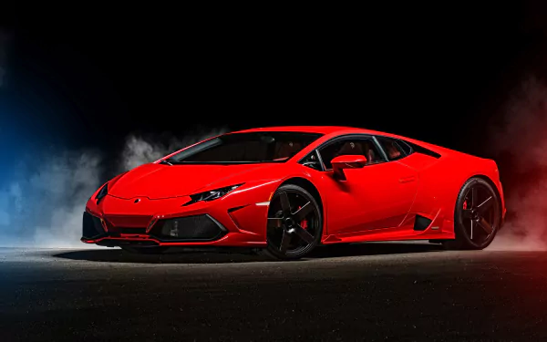 A sleek red Lamborghini Huracan captured in vivid 4K Ultra HD, set against a smoky dark background, highlighting the vehicle's dynamic design and aggressive stance.