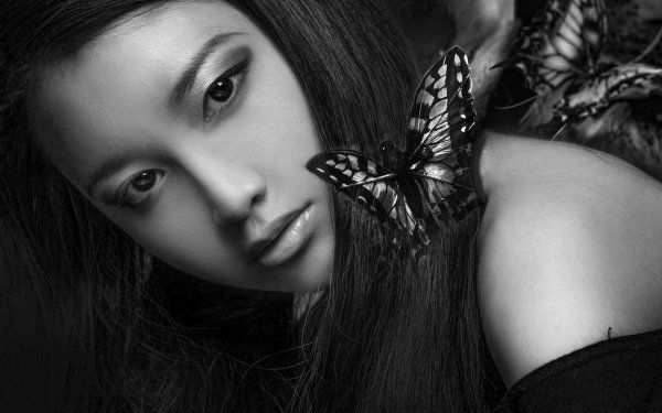 Women Asian Model Face Oriental Butterfly Black & White HD Wallpaper | Background Image