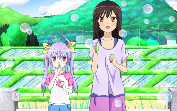 Hotaru Ichijou and Renge Miyauchi from the anime Non Non Biyori play among bubbles, set against a lush countryside backdrop, creating a vibrant and cheerful scene.