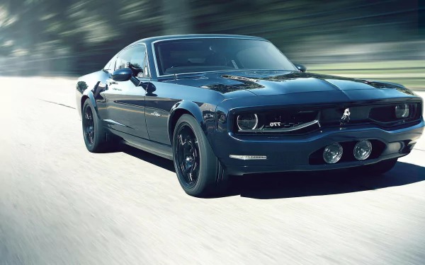 Equus Bass 770 dark muscle vehicle speeding on a sunlit road with motion blur — 5K Ultra HD PC desktop wallpaper and background.
