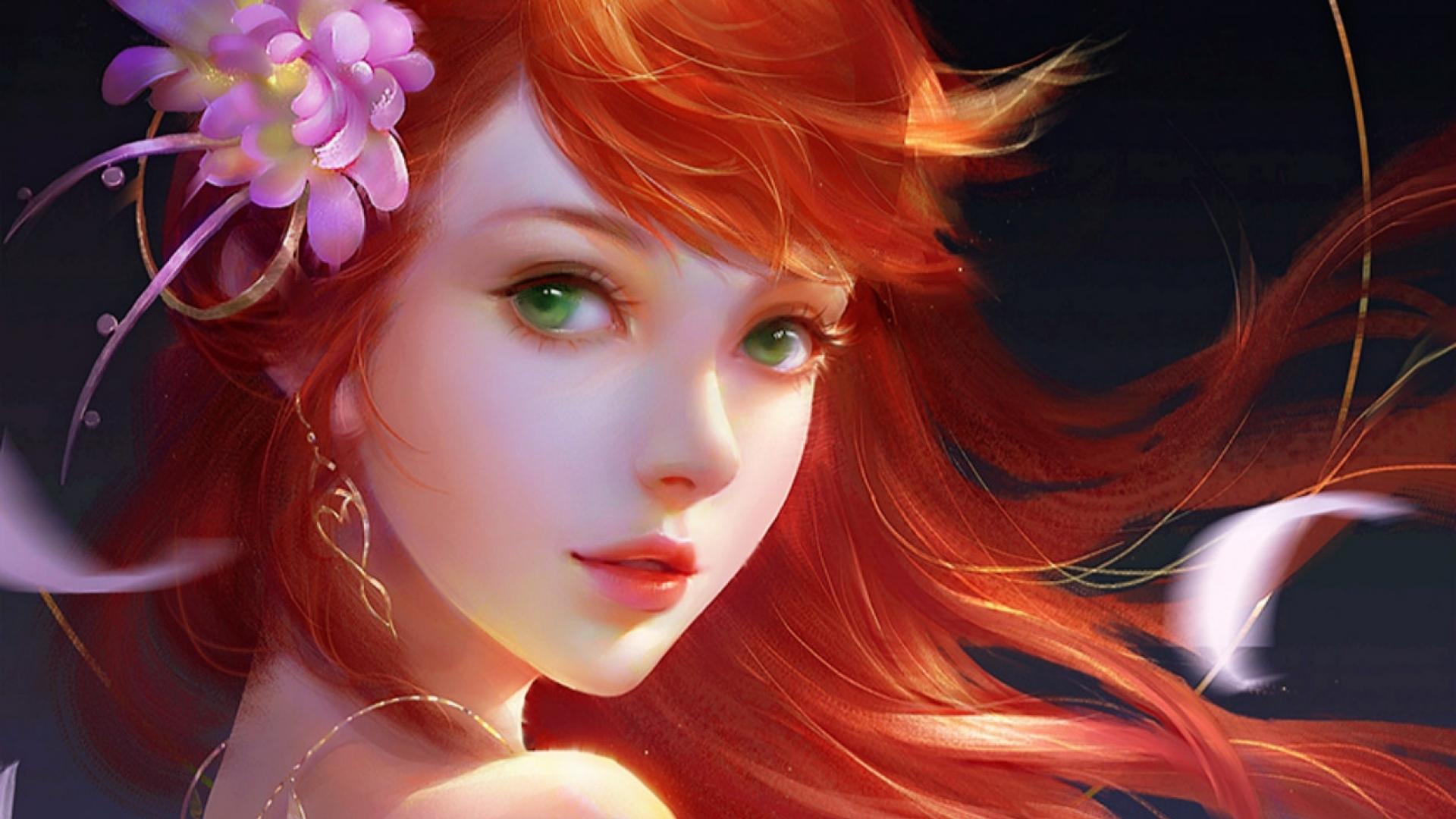 anime girl red hair green eyes