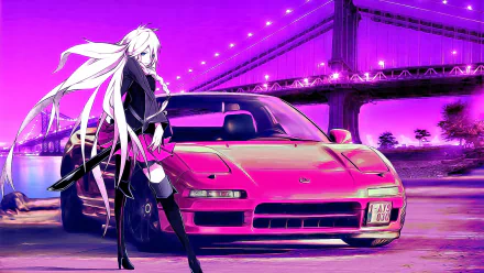 HD desktop wallpaper featuring the Vocaloid character IA, stylishly posed beside a sports car with a glowing bridge backdrop.