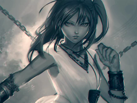 A powerful depiction of Morgiana, the warrior from Magi: The Labyrinth of Magic, showcased in a striking HD anime wallpaper. Her fierce expression captures her strength and determination.