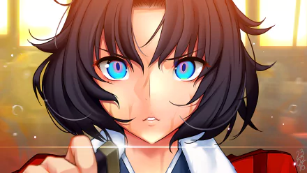 A striking HD desktop wallpaper featuring an anime character with vibrant blue eyes and black hair, inspired by Fate/Grand Order, showcasing a moment of intense emotion.