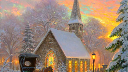 Artistic winter scene of a horse-drawn carriage outside a snow-covered chapel with a steeple, glowing warmly in the sunset, HD PC desktop wallpaper background.