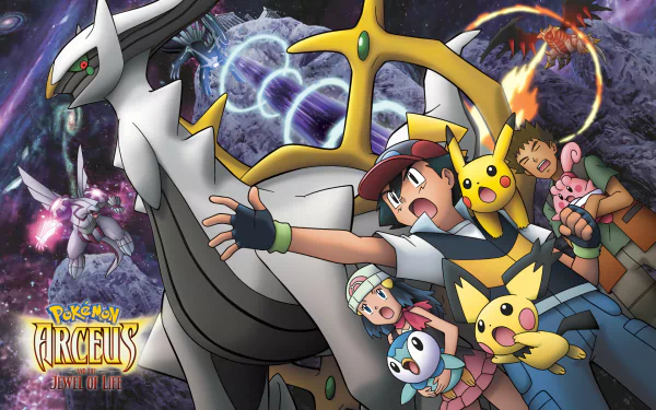 A vibrant HD wallpaper featuring Ash Ketchum, Dawn, Brock, and various Pokémon including Pichu, Piplup, Happiny, and Arceus in a scene from Pokémon: Arceus and the Jewel of Life.