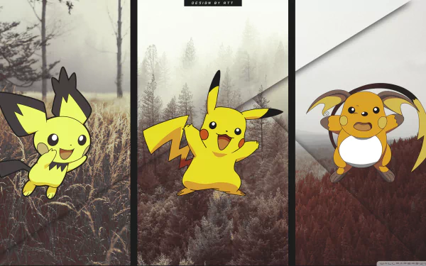 HD wallpaper featuring Pichu, Pikachu, and Raichu from Pokémon, set against a stylized background of misty landscapes, capturing the essence of these beloved anime characters.