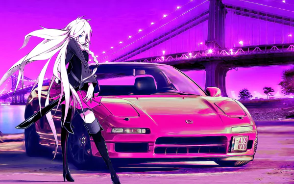 HD desktop wallpaper featuring the Vocaloid character IA, stylishly posed beside a sports car with a glowing bridge backdrop.