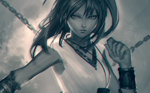 A powerful depiction of Morgiana, the warrior from Magi: The Labyrinth of Magic, showcased in a striking HD anime wallpaper. Her fierce expression captures her strength and determination.