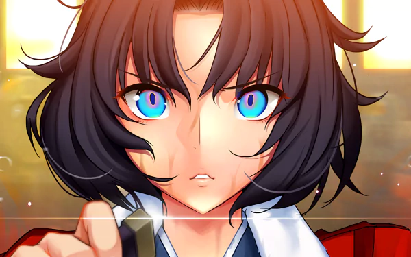 A striking HD desktop wallpaper featuring an anime character with vibrant blue eyes and black hair, inspired by Fate/Grand Order, showcasing a moment of intense emotion.