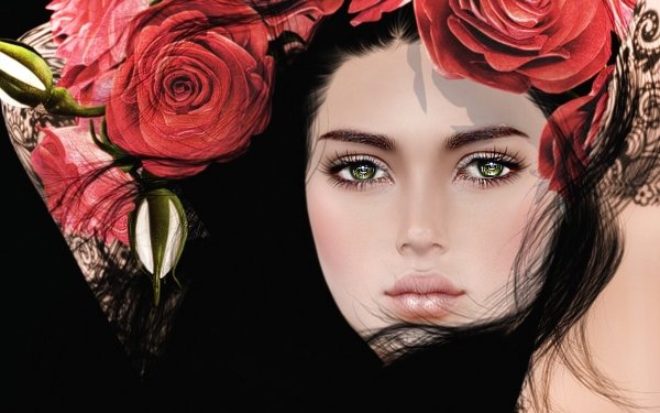 Fantasy Women Black Hair Green Eyes Rose Red Flower HD Wallpaper | Background Image