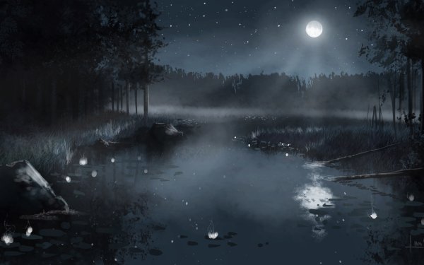 Artistic Lake Night Forest Fog Sky Stars Moon Nature HD Wallpaper | Background Image