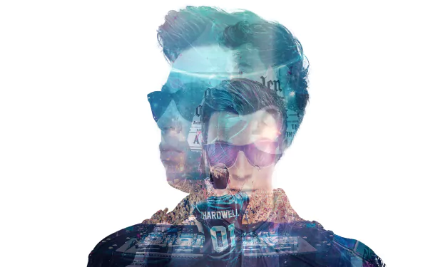 HD PC desktop wallpaper showing a double-exposed portrait of a male DJ in sunglasses, overlaid with concert and cityscape visuals and an energetic electronic music vibe.