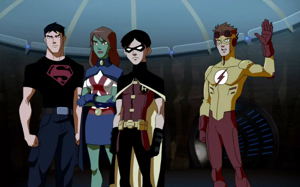 A dynamic scene from Young Justice featuring heroes Conner Kent, Wally West, Dick Grayson, and Miss Martian, displaying their distinct costumes and camaraderie in a high-energy setting.