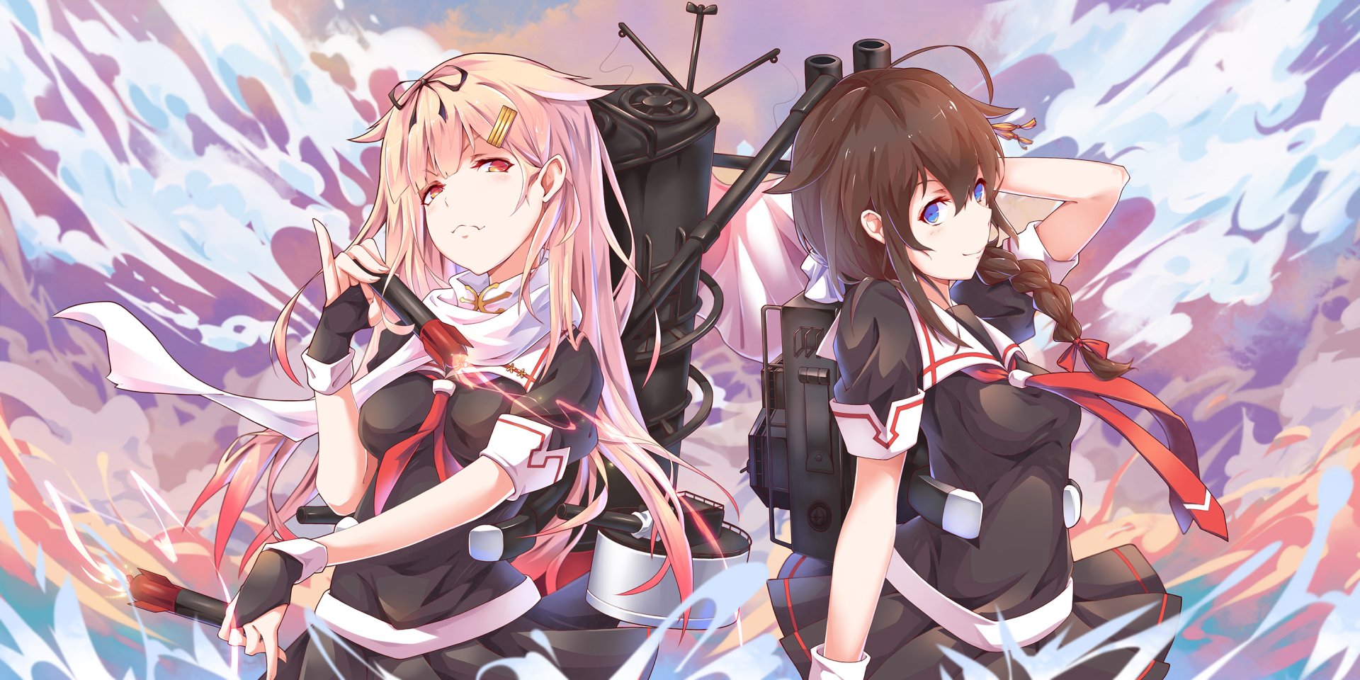 HD wallpaper featuring Yuudachi and Shigure from Kantai Collection, showcasing vibrant colors and dynamic poses in a captivating anime style.