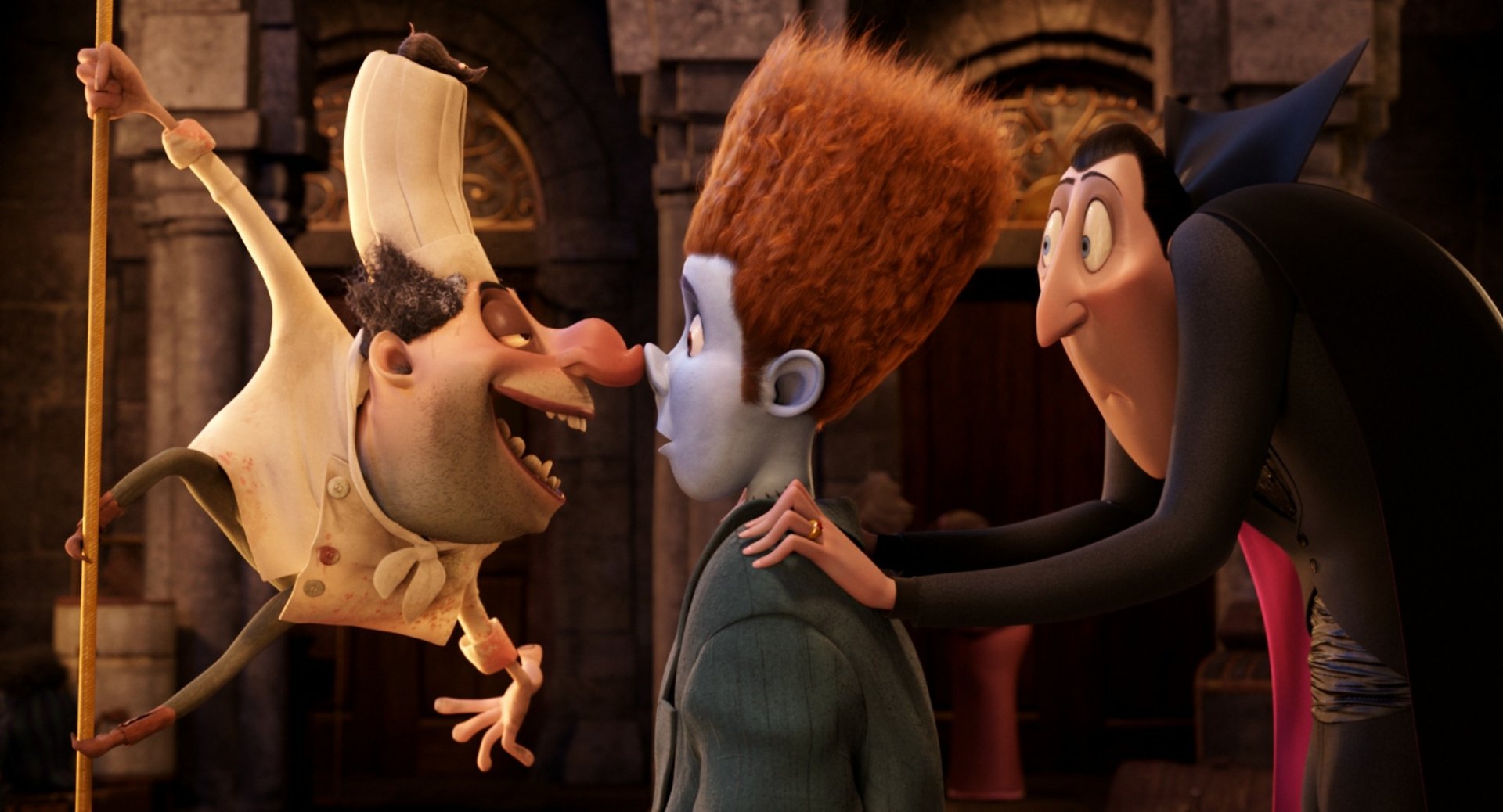 HD PC desktop wallpaper featuring Dracula and Jonathan from Hotel Transylvania in a lively movie scene with rich, detailed animation background.