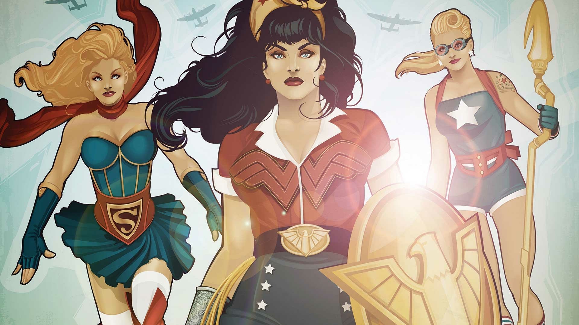 HD PC desktop wallpaper featuring DC Bombshells comic style Stargirl, Wonder Woman, and Supergirl in dynamic heroic poses with vintage aviation background.