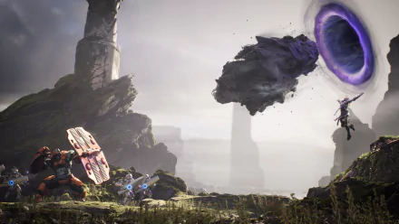 A dramatic scene from the game Paragon, featuring Steel in a 4K Ultra HD landscape, showcasing a fierce battle against a dark portal amidst a mystical environment.